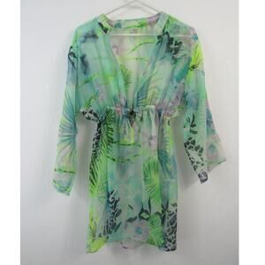 Creations One Size Green Blue Botanical Floral Print Swimsuit Coverup Sheer